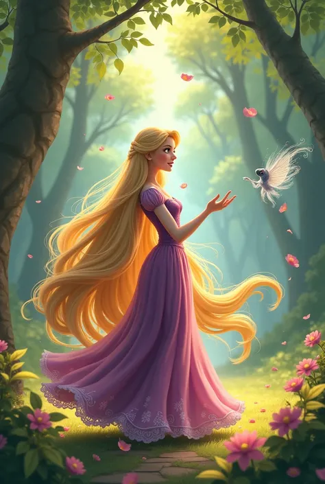 Rapunzel talking to the animated wind 