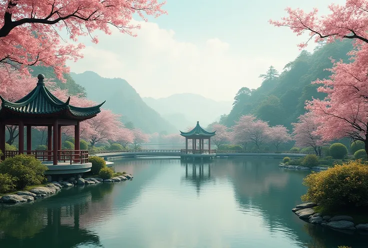 Establishing wide, slow motion: In ancient China, the grand Daguanyuan garden unfolds with intricate pathways winding through lush gardens and serene ponds. The scene captures the elegance and grandeur of classical Chinese architecture, with pavilions and ...