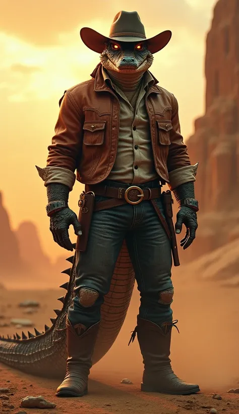 "A hybrid creature blending a cowboy and an alligator, standing tall in a dramatic, cinematic scene. The cowboy’s rugged attire includes a weathered leather jacket, a wide-brimmed hat, and sturdy boots, while the lower half is transformed into a powerful, ...