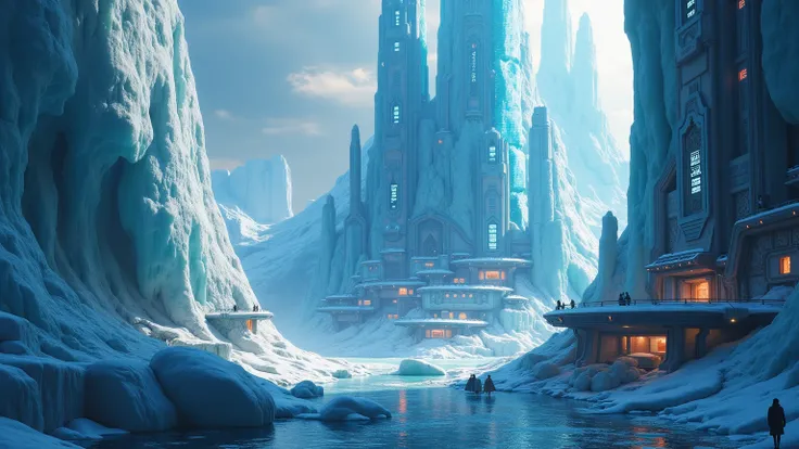 A cinematic scene of a futuristic city built into the side of a colossal ice mountain, illuminated by neon lights.