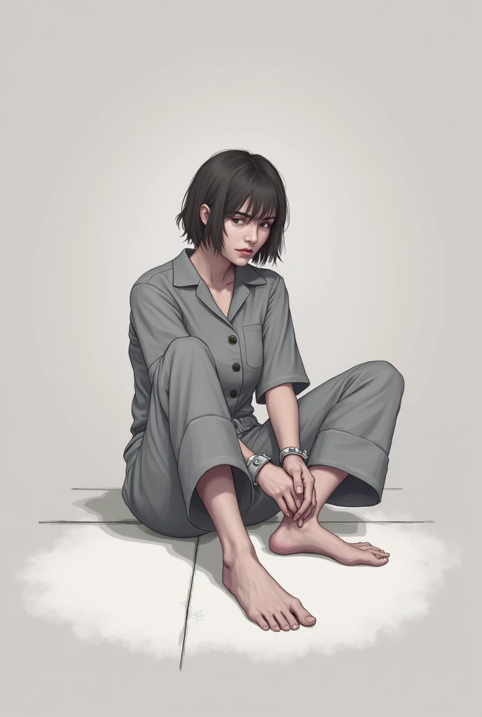 A barefoot woman prisoner handcuffed together in a gray prison uniform sits reflecting on the ground