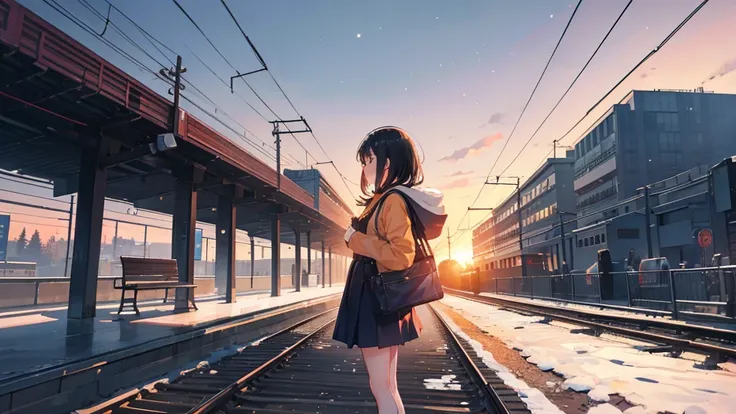 On the train station platform on a winter evening, the profile of the 、 A scene where a high school girl in uniform is looking at her smartphone。The profile of the girl with black hair looks a little cold。 The girl stands in the center of the platform 、 wh...