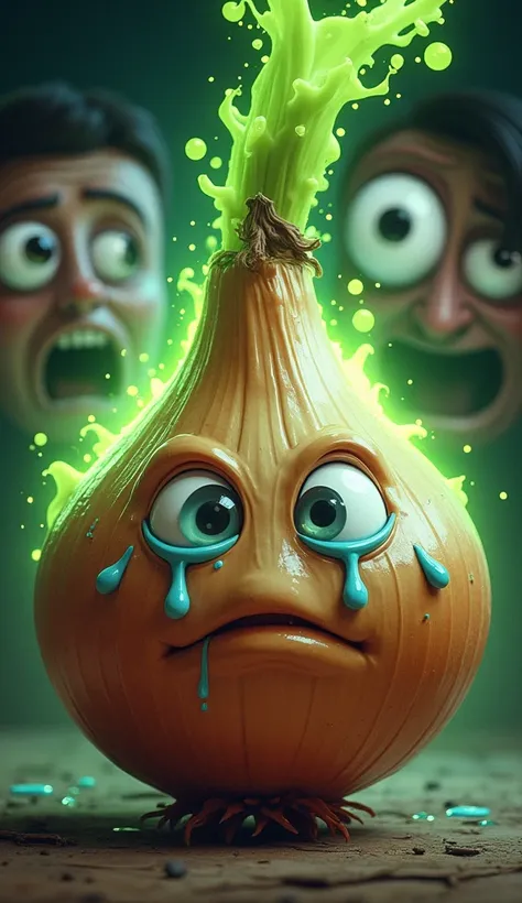 Close-Up Shot of an Onion:

The onion is crying, with cartoonish tears falling, giving it a humorous yet dramatic touch.
Add a glowing, ominous aura around the onion to signify its “power.”
A Face in the Background:

Eyes wide open, tears streaming, and an...