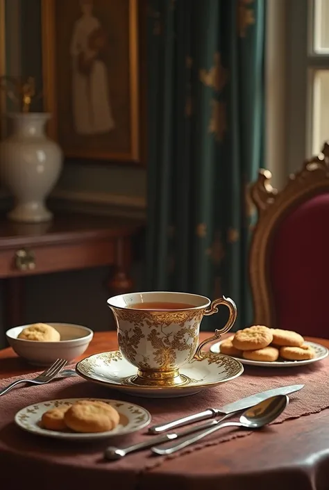  A set image of an old cup of tea , based on my literary work AURA ,  that is on a table with cutlery and cookies ,  as if Mr. Montero were drinking tea with someone else, THAT ARE IN BAROQUE STYLE