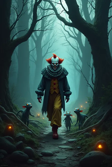 drawing of an evil clown walking into the dark forest and a group of ren watching him walk into the forest