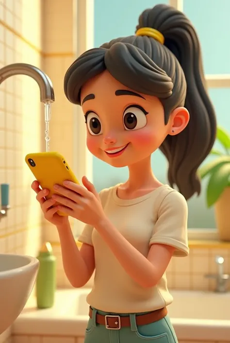 Lighting 3D cartoon style gene ke samne khadi  Ladki apne yellow  phone ko water se dhokar dekh rahi hai. Or pure bathroom ka seen h