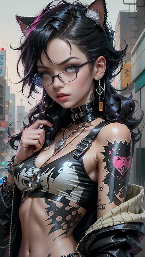  anime style,  a close up of a woman wearing a cat costume and cat ears, glasses over her head ,  black hair ,  tattoos on her face ,  dog collar on her neck with studs , chains, earrings ,  long false eyelashes , cyberpunk art inspired by ross drawings, A...