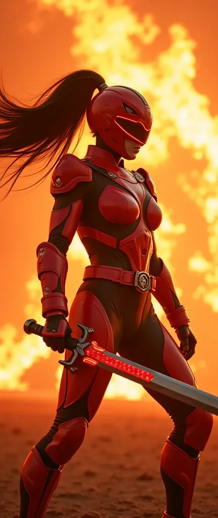 In a cinematic Cowboy Shot framing, uma Power Ranger vemelho, With the red Power Ranger helmet , A muscular warrior,  majestic wears an armored ninja robot in a flaming red core style with strong skin,  her shiny black hair flowing like flames in a long po...