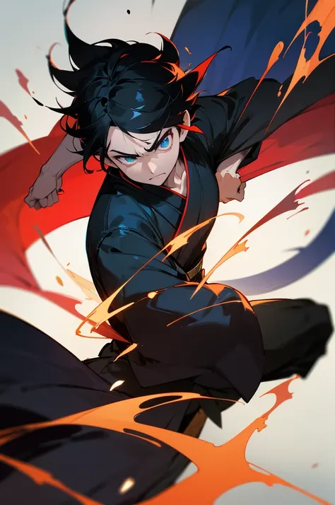 Concentrated and strong expression, Black Haired Boy, Black kimono with red accents, Dynamic palm strike pose, Dragon effect on palm、Open palm striking position, Staring ahead with a sharp gaze, Sparkling blue eyes, Light and shadow play dramatically aroun...