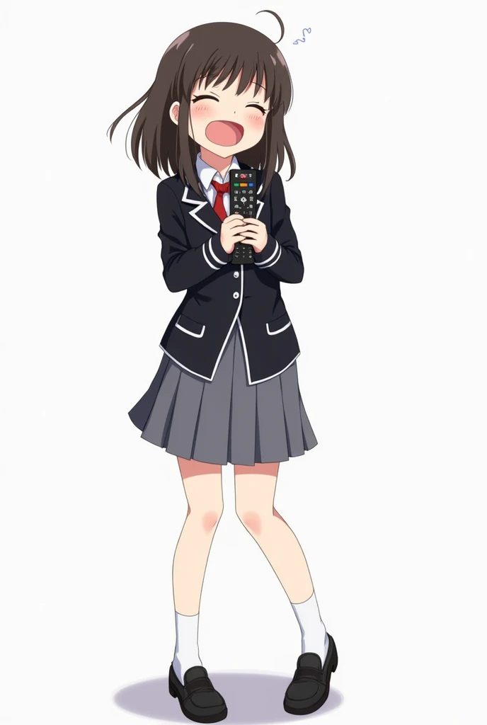 Girl standing in the front and her legs and wearing black shoes and uniform blazer lines black and white school and wearing gray skirt anime image with a black remote control television white background and full body with an emotion of joy and embracing th...