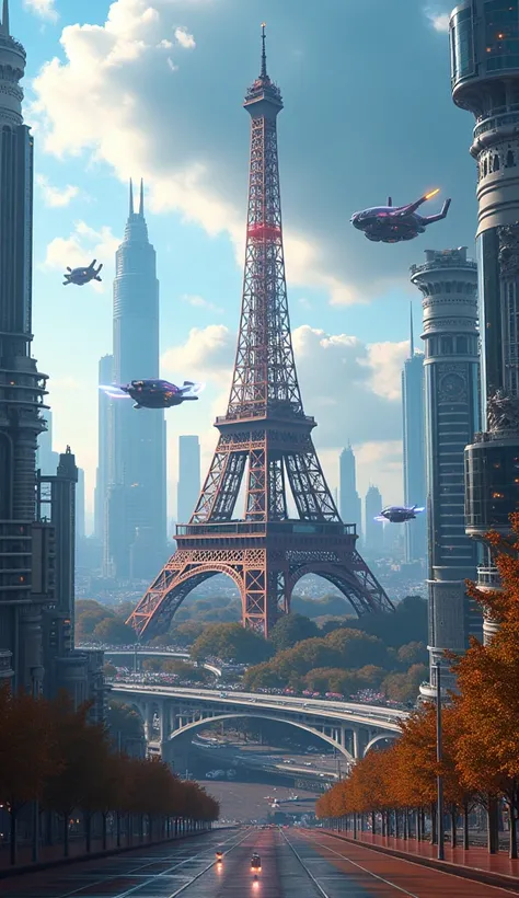 Create A Eiffel Tower Paris City As Futuristic, Very Very Futuristic, New World, Detailed City, 