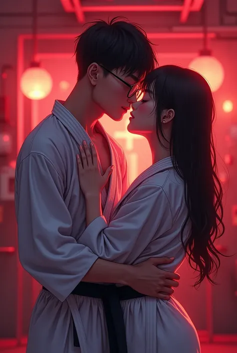 Anime images,  full body image, Oral sexual intercourse, In the gym, Illuminated the whole room. , Taekwondo, คู่รักชายหญิงชาวจีนTwo people, Young Handsome Chinese Teen  High School Short Wearing Glasses, A man presiding over a , สวมTaekwondo สวมกางเกง tae...