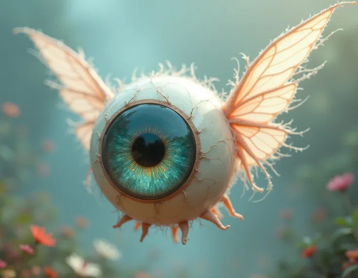 An eyeball with wings, swaying through the air