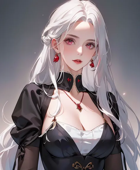 realistic portrait, elegant mature woman (1 female), with deep red eyes, white hair, long hair, ruby amulet, focus on the face, ...