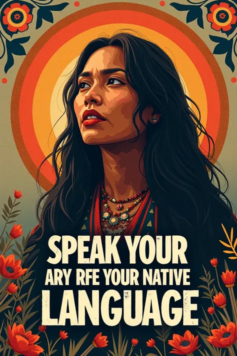 Poster about the right to speak your language :  A poster that promotes the right to speak the mother tongue ,  surrounded by indigenous cultural elements that reinforce the message.
