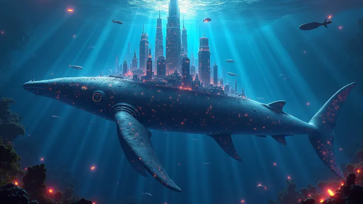 A detailed depiction of a futuristic city built on the back of a colossal, bioluminescent whale, swimming through a neon-lit ocean.