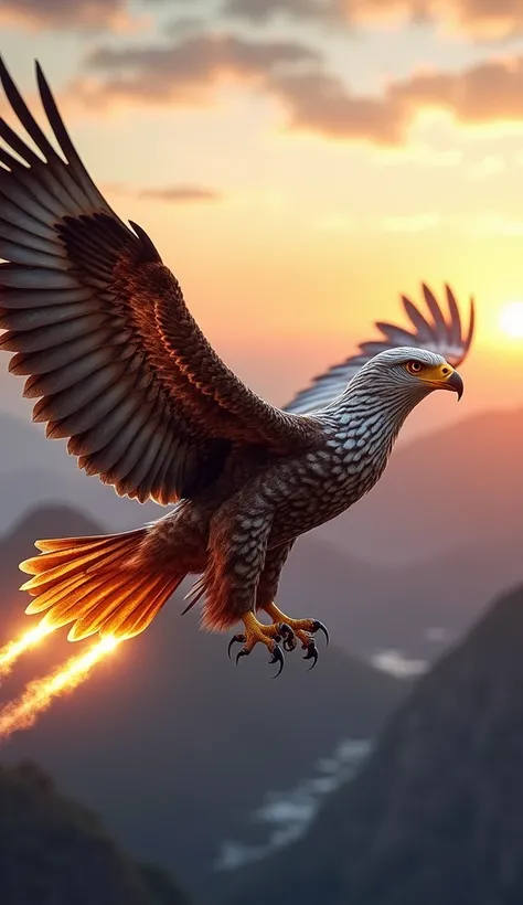 "A majestic hybrid soars over the mountains, fusing the eagles sharp agility, the jet fighters unmatched speed, and the pilots calculated intelligence. Its sleek body is covered in metallic feathers that shimmer with jet-like patterns, while its wings stre...