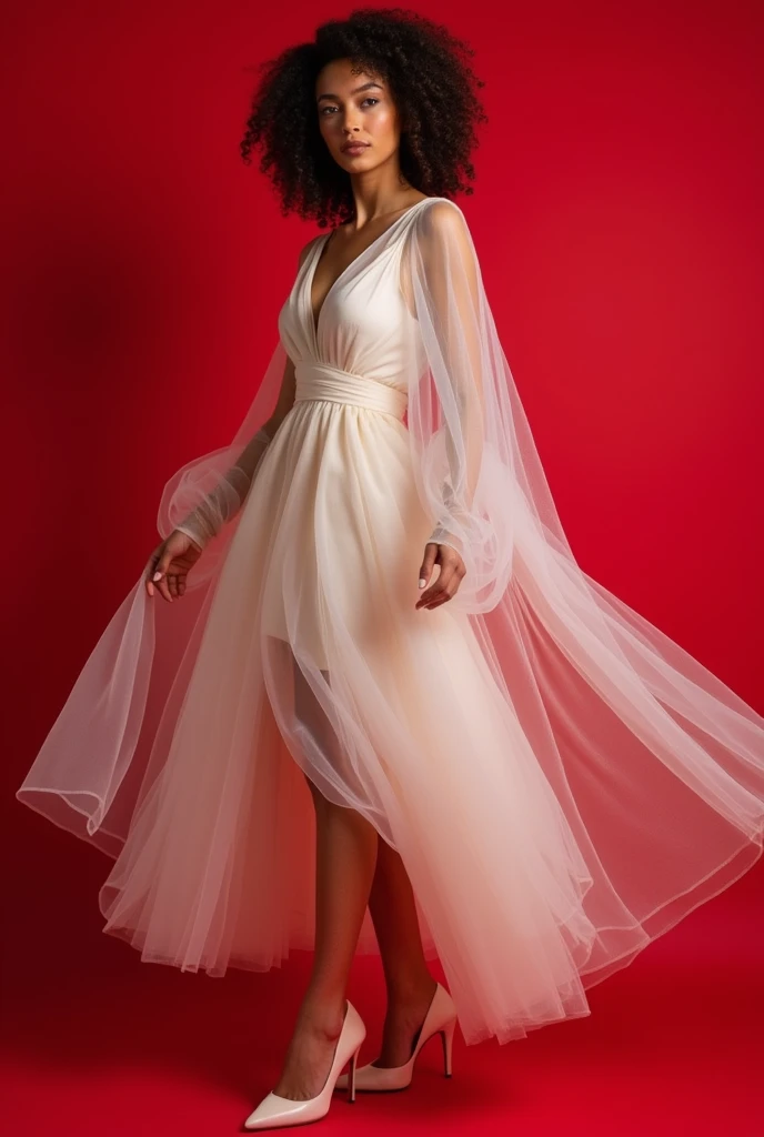 Cape Wrap Tulle Dress – A dress featuring a sheer tulle cape wrap.
.American Canadian glowing skin curly hairstyle Midi size wearing the outfit, smooth redcarpet background paired with matching heels,full picture 