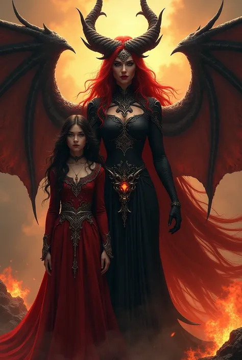 Creates an image of a black-skinned, red-haired hellish Goddess with horns and fire together with her black-skinned, dark-haired daughter with red robes 
