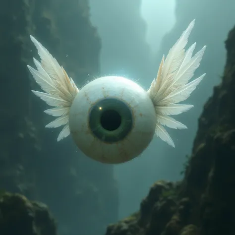 An eyeball with wings, flying through the air, mysterious atmosphere