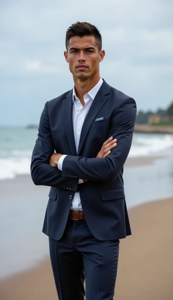 Full body portrait of Ronaldo in a suit, small head, extremely detailed skin, motivated, at the beach, blurred background.