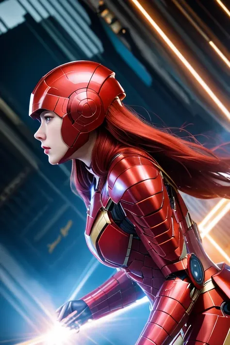 best quality,  highres icon, 8k, masterpiece, ((real photography: 1.5)), whole body,  girl hero,  beautiful face,  well-balanced face ,  long red hair, biological exoskeleton armor, High-detailed mechanic armor, High-Tech helmet, Marvel Studio, Iron woman,...