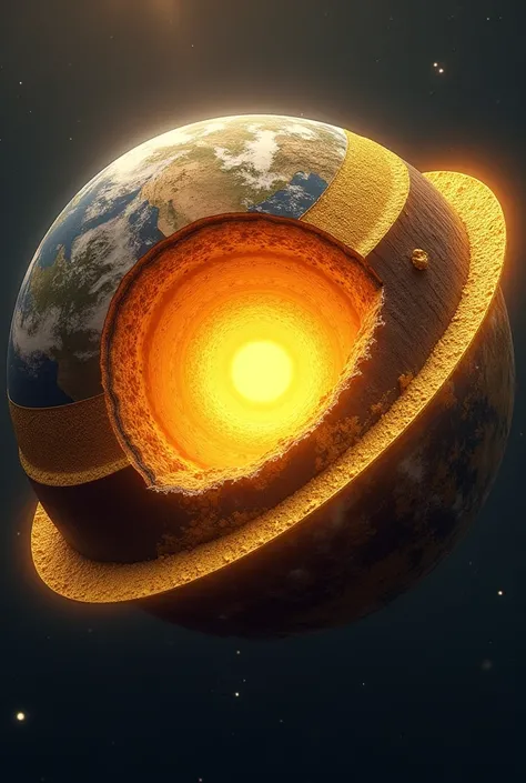 Create a cross-sectional view of the Earth, with the outer layers and the core clearly visible. Highlight the core in gold, showing that 99% of the Earths gold is there. Surround the planet with a thin layer of gold to visually represent enough gold to cov...