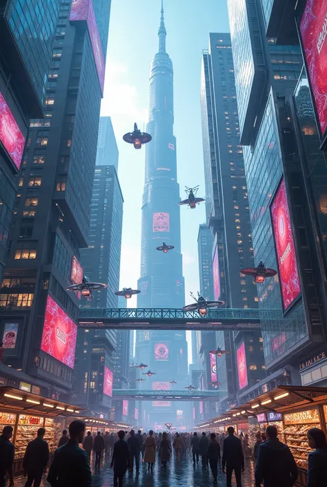 Towering skyscrapers adorned with holographic billboards pierce a neon-lit sky. Flying cars weave between buildings, and people walk along suspended glass pathways. The ground below bustles with robotic vendors and a diverse crowd in sleek, tech-inspired c...