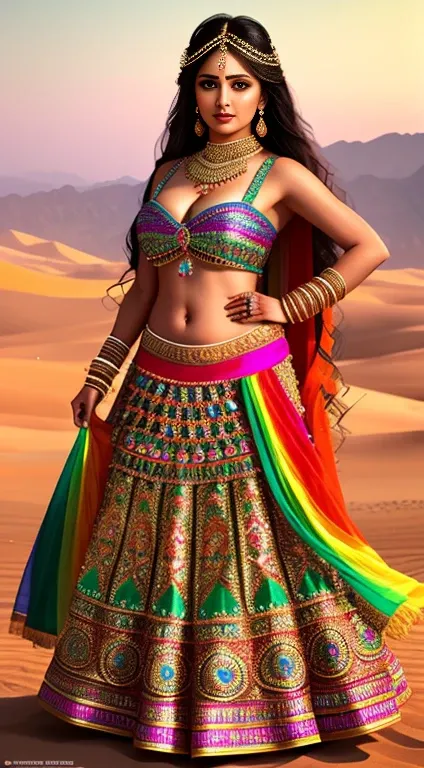 create 25 year old beautiful Indian bride in Full body photography of the most beautiful artwork in the world, a beautiful woman in intricate costume burning in the desert, rainbow colors, ArtStation, CGSociety, complex, high detail, clear focus, dramatic,...