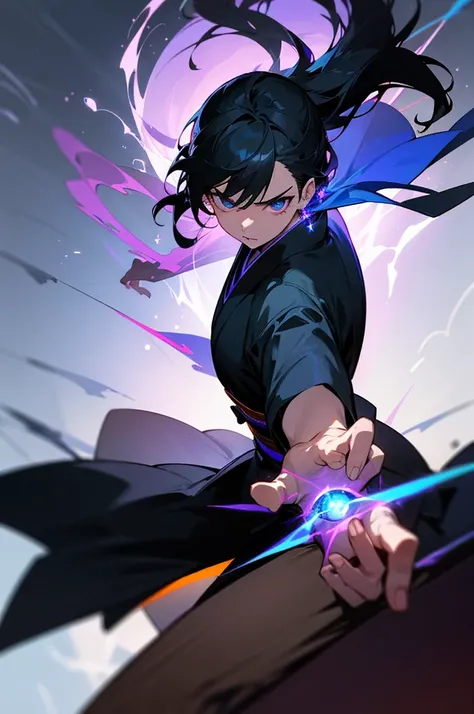 Concentrated and strong expression, Black Haired Boy, Black kimono with red accents,At the fingertips shining on his fist, a torrent of blue-purple energy、Stick out one hand、The outstretched right hand is supported by the left hand, Staring ahead with a sh...