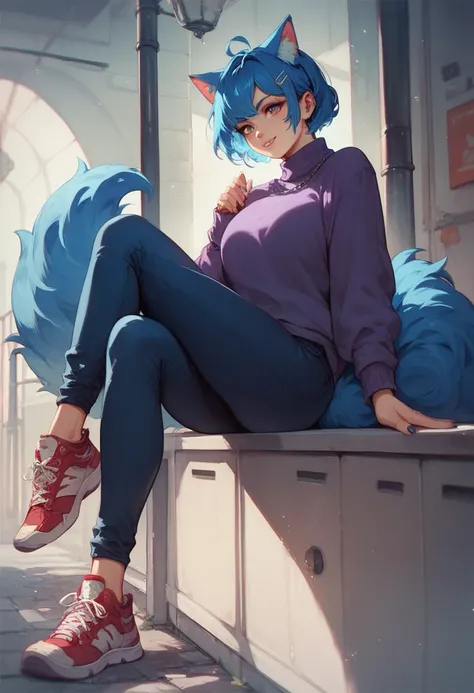 A girl with long blue hair with cat blue ears with a fluffy tail in a purple sweater in dark blue pants in red sneakers 