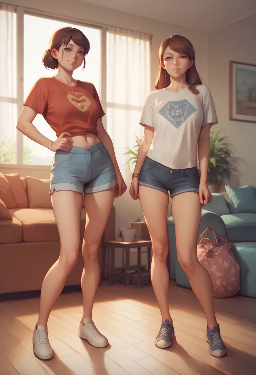 2girls. (daughter and her mother. two girls standing next to each other. ) t-shirts, shorts,anime images, high quality living ro...