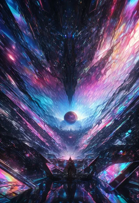 conceptual installation fantasy art, huge iridescent spaceship, holograms, neon line art, prisms, background vertically stacked kaleidoscopes, galaxy, black-hole, shading effects, gradation magic effects, (ultra detailed, absolutely resolution, best qualit...