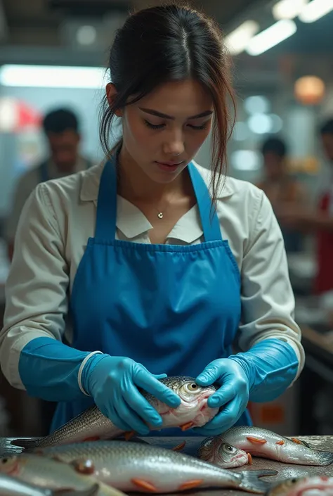 A WOMAN WEARING BLUE SHORT LATEX GLOVES IS STEWING OPEN FISH MEAT，woman pale skin ， fish struggling in hand ，Fish market 