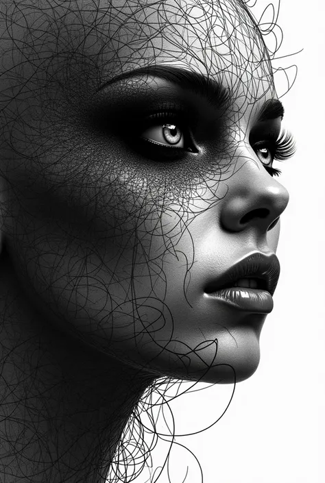 A womans face materializes from an intricate network of one million carefully rendered lines. Her features emerge from the web of ink like a dark, macabre bloom. Her eyes, intense and unyielding, seem to bore into the viewers soul. The edges of her irises ...