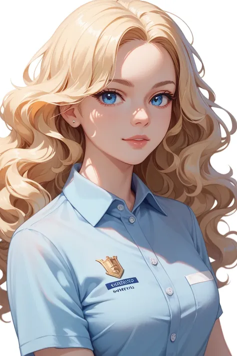 1girl, long blonde wavy hair,  blue eyes, wearing polo shirt, white background, absurdres, high res, ultrasharp, 8K, masterpiece