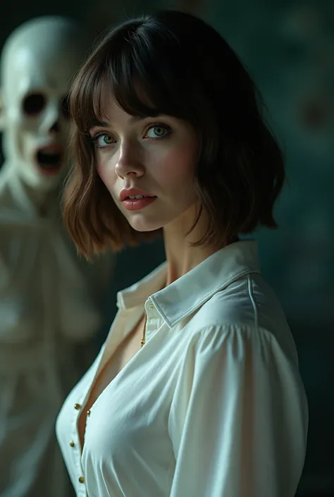 a beautiful woman with brown bob haircut, wearing a white blouse with large breasts, with an evil ghost behind her, (best quality,4k,8k,highres,masterpiece:1.2),ultra-detailed,(realistic,photorealistic,photo-realistic:1.37),beautiful detailed eyes,beautifu...