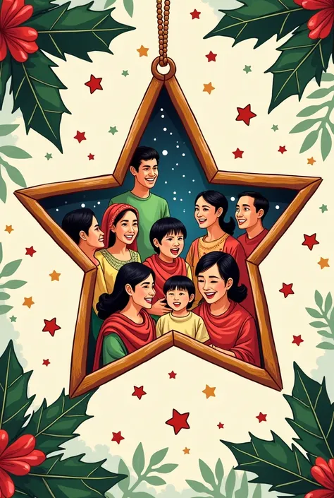 please make me a poster making like kind of art that shows the tradition of filipinos during christmas and make it inside a star thank you 
make this 
*simbang gabi
*noche buena 
*s caroling and make it cartoony like a digital sketch