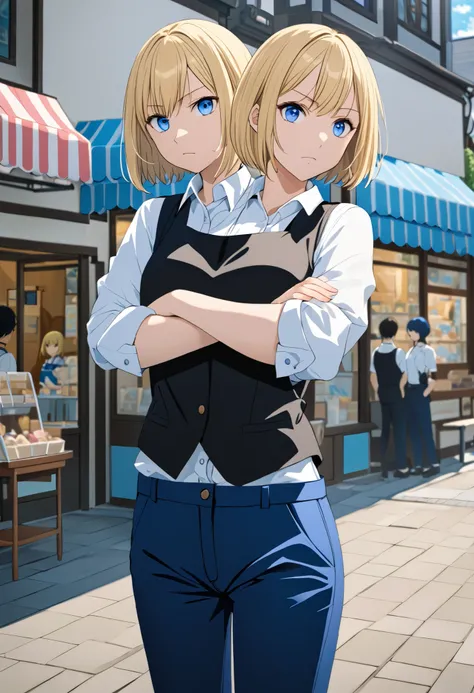 anime, two heads, 1girl, bob cut blond hair, blue eyes, white shirt, black vest, blue pants, arms crossed, serious expression, standing outside an ice cream shop