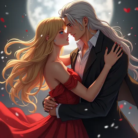   an incredibly beautiful young blonde bitch with long golden hair,long bangs, with blue eyes , dressed in a royal scarlet dress hugs a handsome ,  a tall guy with long ash hair , below the shoulders, with gray eyes and in the general form of the Earth, re...