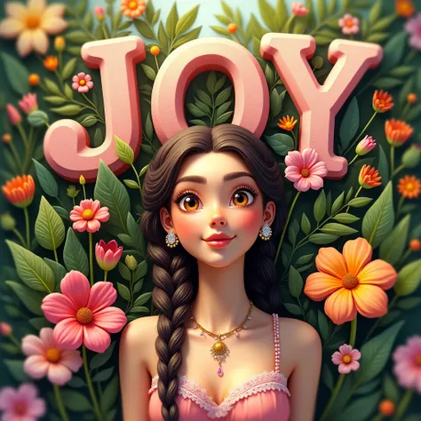 Generate a 3D big serif font name "JOY" with1girl, Solo, Blush, braid, orange Eyes, Jewelry, Sparkle, Best Quality, assorted flower garden in the background From Above, 