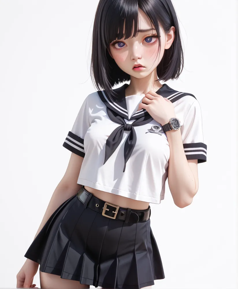   high resolution image ,  best quality , (A beautiful Korean girl is standing in a １Please describe a person ), ( sad face:0.5),(Drunk:1.1), real skin ,skinny body, small breasts,  shiny black hair ,(( round eyes:1.2)),(( stares at viewers:1.0)),((White b...