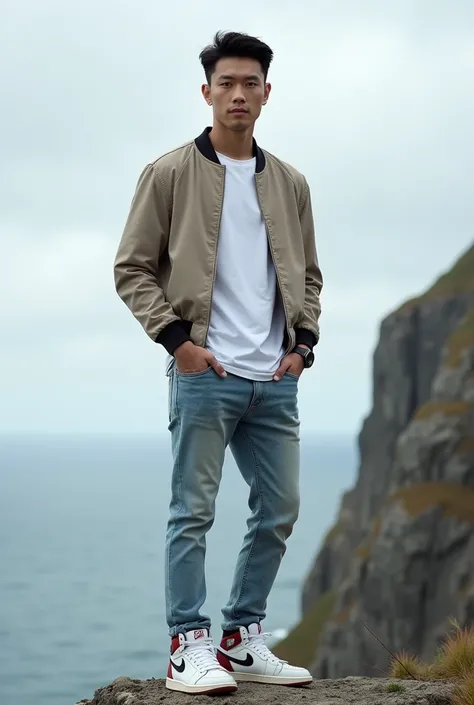  A handsome Korean guy wearing a white t-shirt shirt baseball jacket,, jeans,, standing on a cliff wearing Jordan shoes  