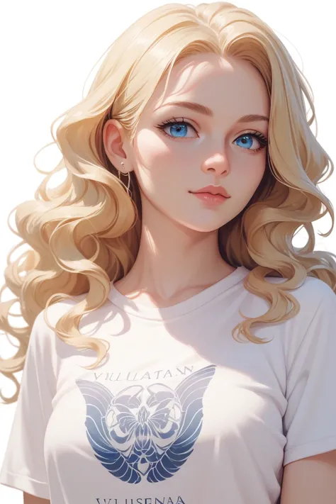 1girl, long blonde wavy hair,  blue eyes, wearing t-shirt, white background, absurdres, high res, ultrasharp, 8K, masterpiece, villain look