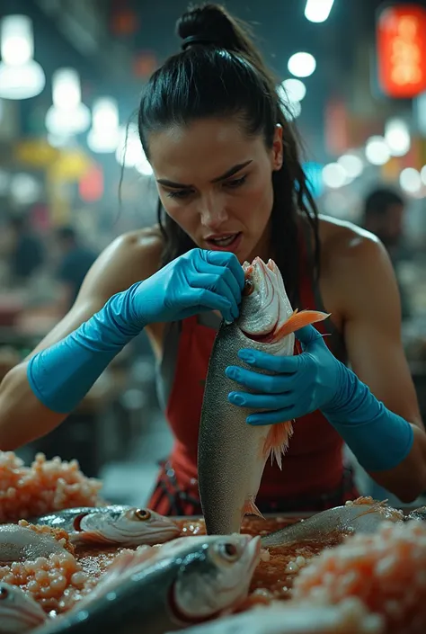 A WOMAN WEARING BLUE SHORT LATEX GLOVES IS TEARING FISH FLESH，woman pale skin ， fish struggling in hand ，Fish market 