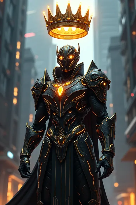 A futuristic warrior with glowing eyes and neon armor standing in a dark cityscape, with a bold, abstract background and a crown floating above, detailed and intense. The colors should be a mix of gold, black, and vibrant neon accents, creating a powerful ...