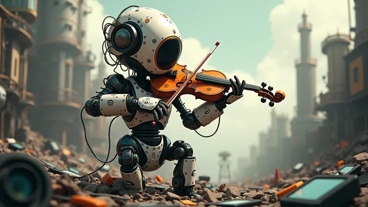 A whimsical illustration of a robot playing a melancholic melody on a violin made of recycled electronic components, surrounded by discarded technology.