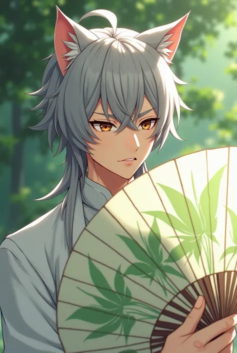 Realistic anime-style 4k quality image ,  where there is a handsome 23-year-old man , Half human and half feline with cat ears ,  he has brown skin , gray and medium hair.  This same man has a serious and stiff face,  He has his eyes closed , And shes wear...