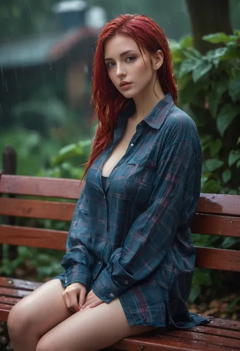 1 sexy girl, bellissima, solo, big natural tits upper body, close-up, red wet hair, wearing loose wet checkered shirt, sitting on a antique bench, deep autumn theme raining garden in dark cool color tones, cyberpunk style
