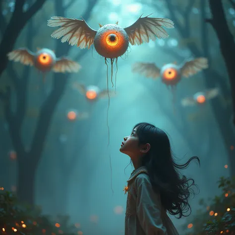 a surreal fantasy scene with winged eyeballs floating in the air, highly detailed, 1 girl looking up in awe, long flowing hair, ethereal, magical atmosphere, glowing eyes, mysterious, (best quality, 4k, 8k, highres, masterpiece:1.2), ultra-detailed, (reali...